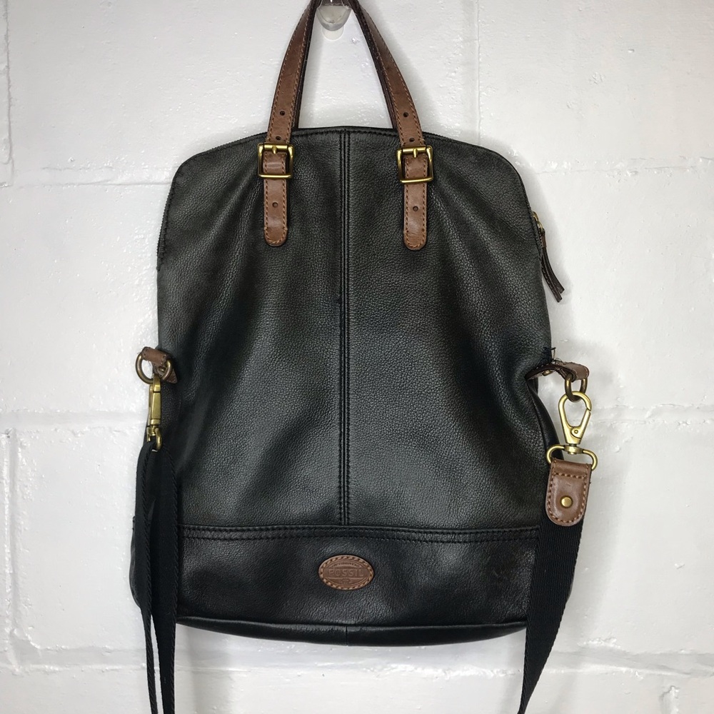 Fossil Black Brown Leather Taylor Tote Fold Over Bag Tote Purse Crossbody